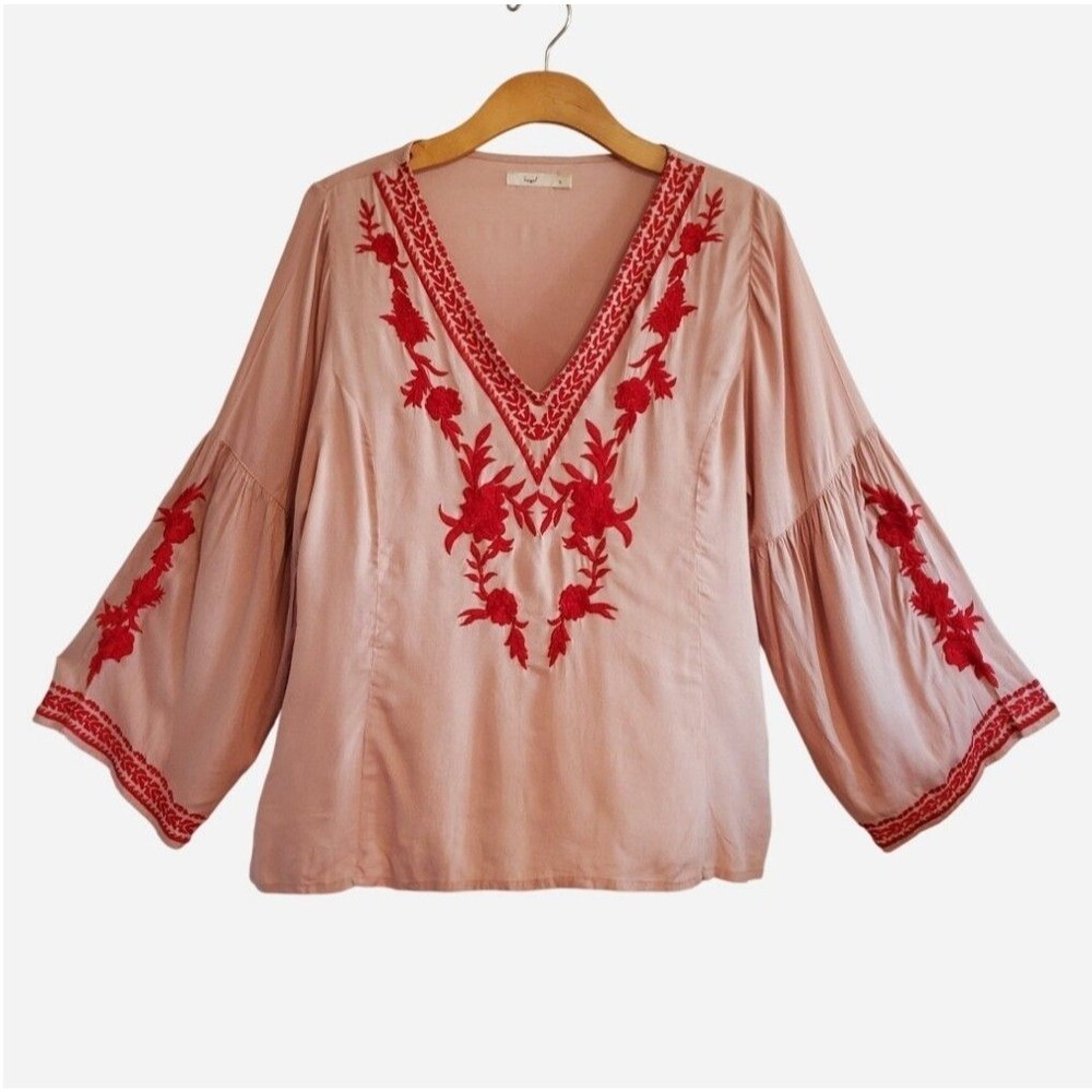Hazel Floral Embroidered Boho Top Flared Sleeve Size L Hippie Peasant Cottage